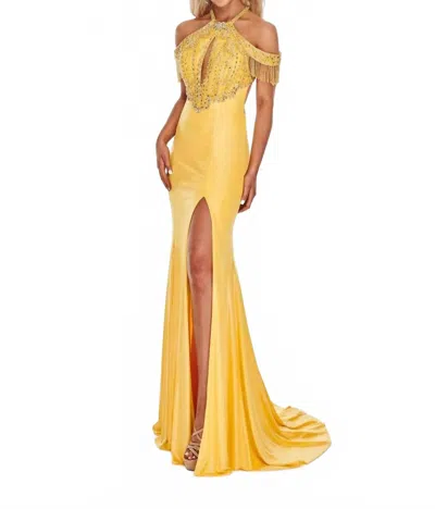 Rachel Allan Lace-up Back Shimmer Metallic Jersey Prom Gown In Yellow In Gold