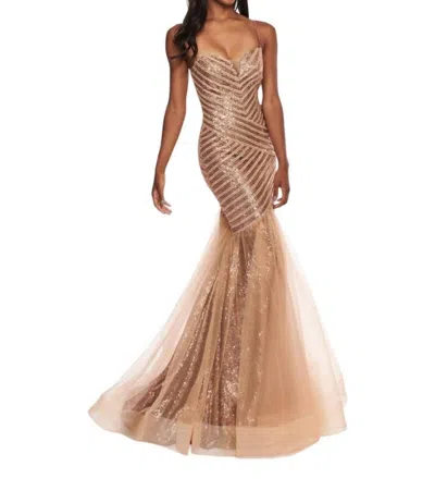Rachel Allan Long Formal Mermaid Dress In Bronze In Gold