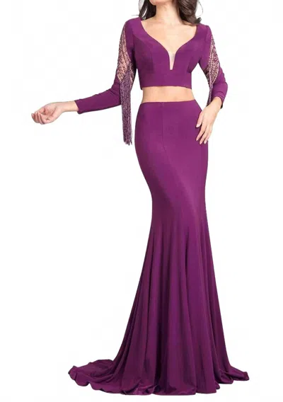 Rachel Allan Long Sleeve Gown In Aubergine In Multi