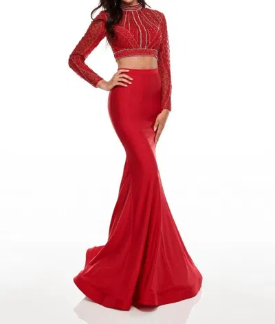 RACHEL ALLAN LONG SLEEVE LYCRA JERSEY TWO-PIECE BEADED PROM GOWN IN RED