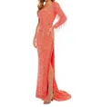Rachel Allan Long Sleeve Maxi Dress In Coral In Pink