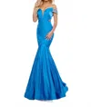 Rachel Allan Luster Satin Off-shoulder Mermaid Gown In Ocean Blue In Black