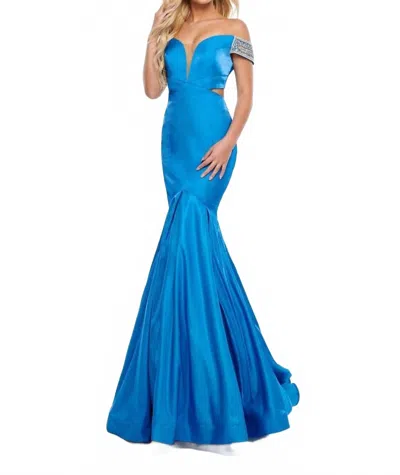 Rachel Allan Luster Satin Off-shoulder Mermaid Gown In Ocean Blue In Black