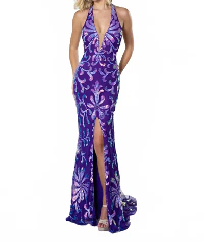 Rachel Allan Luxurious Stretch Satin Halter Gown In Purple/lilac