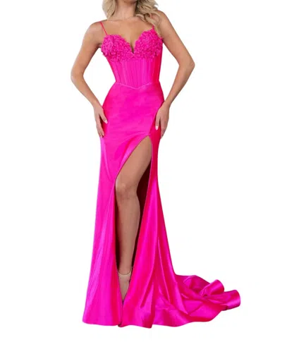 Rachel Allan Luxurious V-neck Fitted Prom Dress In Hot Pink