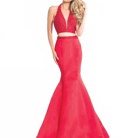 Rachel Allan Matte Satin Beaded Two-piece Mermaid Gown In Red