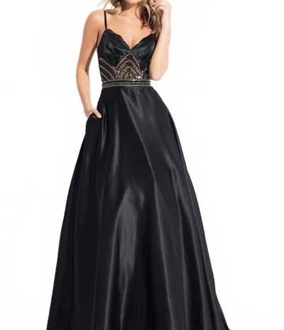 Rachel Allan Matte Satin Beaded V-neck Prom Gown In Black