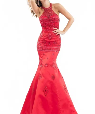 Rachel Allan Matte Satin Halter Beaded Mermaid Prom Gown In Red