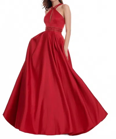 Rachel Allan Matte Satin Halter Neck Prom Gown In Red