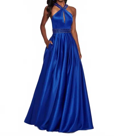 Rachel Allan Matte Satin Halter Neck Prom Gown In Royal In Blue