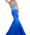 Rachel Allan Matte Satin Two-piece Beaded Mermaid Prom Gown In Royal In Blue