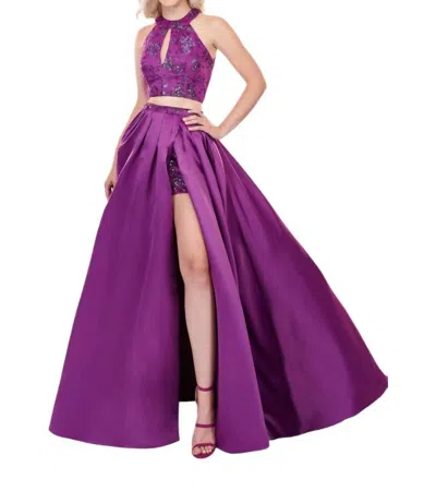 Rachel Allan Matte Satin/glitter 2-piece Gown In Deep Violet In Multi