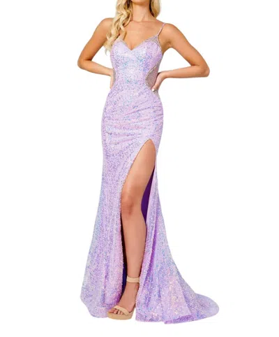 Rachel Allan Mesh Side Panels V-neck Prom Dress In Lilac In Purple