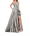 Rachel Allan Metallic Applique High Low Prom Gown In Grey In Metallic