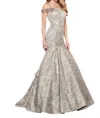 Rachel Allan Metallic Floral Jacquard Mermaid Prom Gown In Champagne/rose In Gray