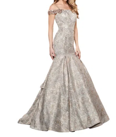 Rachel Allan Metallic Floral Jacquard Mermaid Prom Gown In Champagne/rose In Gray