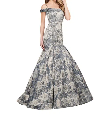 Rachel Allan Metallic Floral Jacquard Mermaid Prom Gown In Navy/gold In Blue