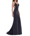 Rachel Allan Metallic Jersey Lace-up Back Prom Gown In Royal/gold In Blue