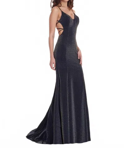 Rachel Allan Metallic Jersey Lace-up Back Prom Gown In Royal/gold In Blue