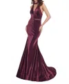Rachel Allan Halter Neck Beaded Strappy Back Evening Dress In Magenta/black In Burgundy