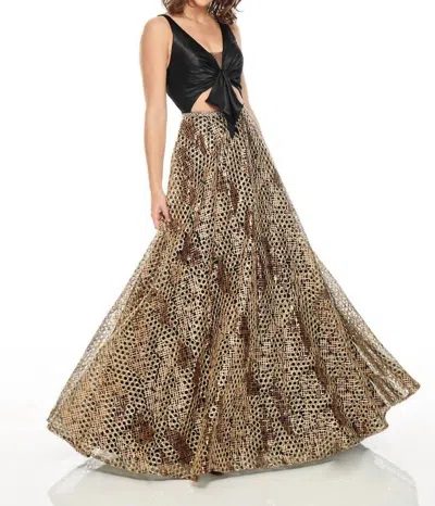 Rachel Allan Mid Cut-out Metallic Embroidered Prom Gown In Black/gold In Brown