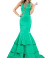 Rachel Allan Mikado Mermaid Gown With Beaded Mesh In Emerald In Green