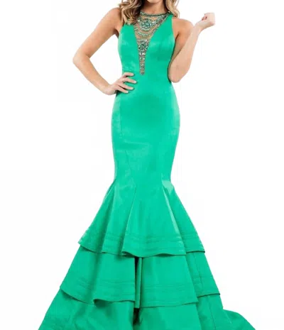 Rachel Allan Mikado Mermaid Gown With Beaded Mesh In Emerald In Green