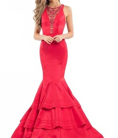 Rachel Allan Mikado Mermaid Gown With Beaded Mesh In Red