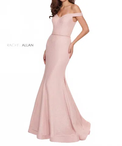 Rachel Allan Off Shoulder Horsehair Hem Prom Gown In Blush In Pink