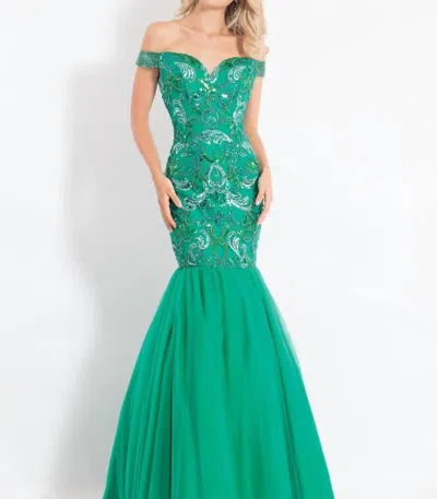 Rachel Allan Off Shoulder Mermaid Prom Dress In Emerald In Green