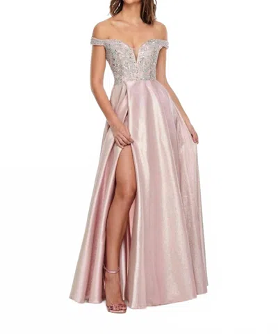 Rachel Allan Off-the-shoulder A-line Prom Gown With Ab Crystals In Blush In Gold