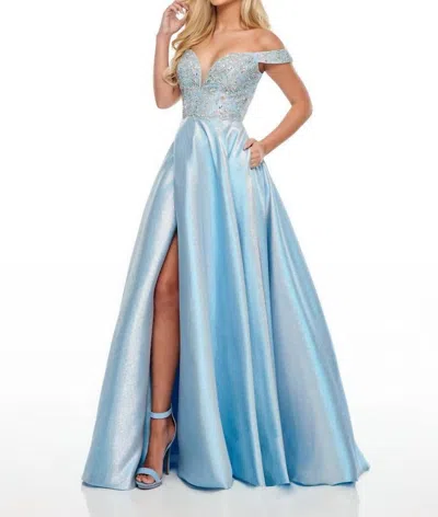 Rachel Allan Off-the-shoulder A-line Prom Gown With Ab Crystals In Sky Blue