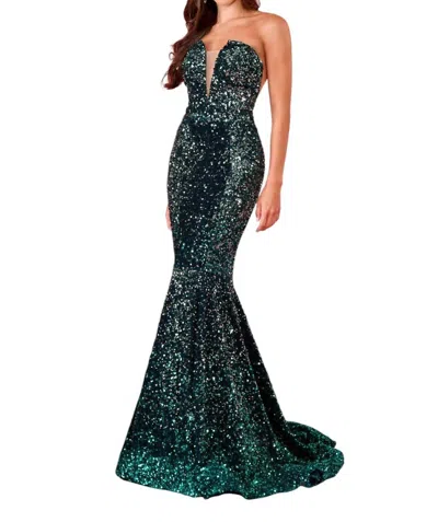 Rachel Allan Ombre Velvet Sequin Prom Dress In Emerald Ombre In Blue