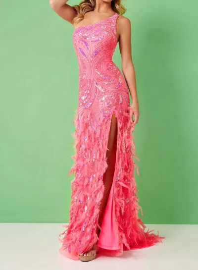 Rachel Allan One-shoulder Beaded Sequin Feather Gown In Hot Pink