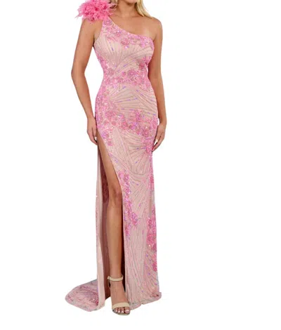 Rachel Allan One Shoulder Feathered Prom Dress In Pink Nude