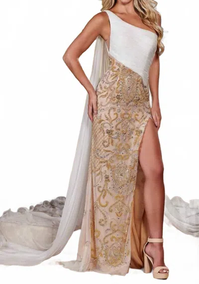 Rachel Allan One Shoulder Gown With Cape In Nude/white In Multi