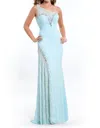 Rachel Allan One Shoulder Jersey Gown With Lace Insets In Aqua In Blue