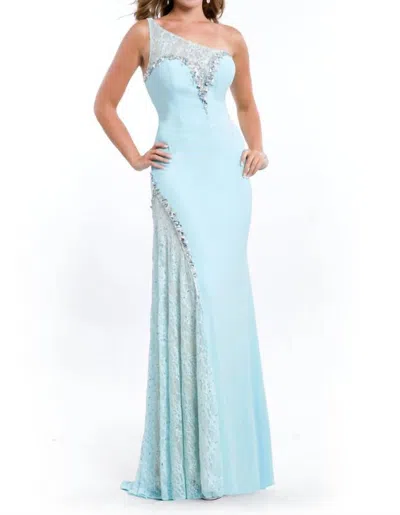 Rachel Allan One Shoulder Jersey Gown With Lace Insets In Aqua In Blue