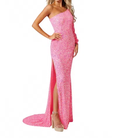 Rachel Allan One Shoulder Sequins Prom Dress In Fuchsia In Pink