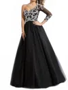 Rachel Allan One Shoulder Three Quarter Length Sleeve Dress In Black In Black