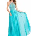 Rachel Allan Beaded Halter Neckline Prom Dress In Aqua In Blue