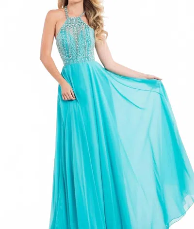 RACHEL ALLAN OPEN BACK BEADED CHIFFON GOWN IN AQUA