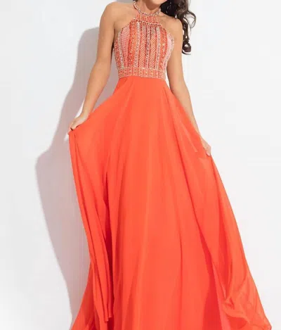 Rachel Allan Open Back Beaded Chiffon Gown In Tangerine In Orange