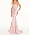 Rachel Allan Open Back Metallic Jersey Gown In Blush In Pink