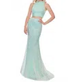 Rachel Allan Pleated Sequin Two-piece Prom Dress In Mint Blue Iridescent In Green