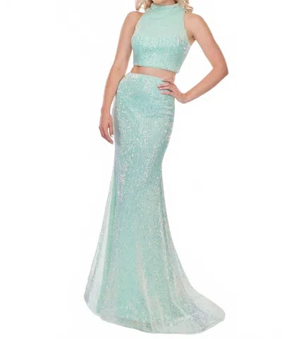 Rachel Allan Pleated Sequin Two-piece Prom Dress In Mint Blue Iridescent In Green