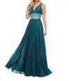 Rachel Allan Pleated Shimmer Woven Two-piece Prom Gown In Ocean Blue In Green