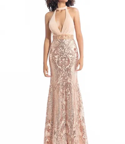 Rachel Allan Plunging Neckline Sequin Prom Dress In Rose Gold In Multi