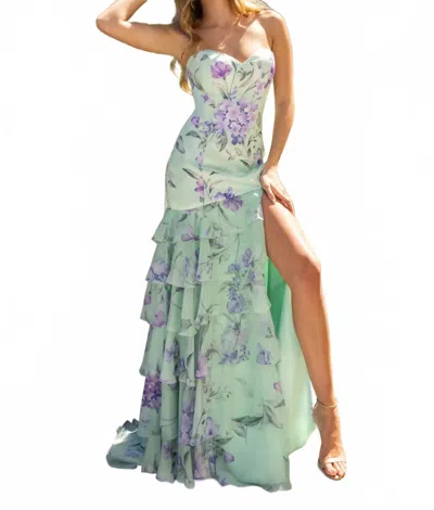 Rachel Allan Romantic And Playful Floral Print Prom Dress In Sage Lilac In Green