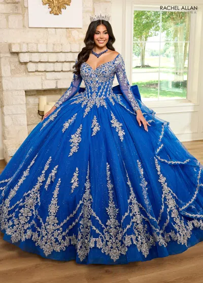 Rachel Allan Rq1137 Quinceanera Detachable Long Sleeve Ruffle Long Ball Gown In Blue